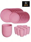 4/16/24pcs Reusable plastic tableware set, including plates, bowls and cups. Suitable for family picnics and school supplies