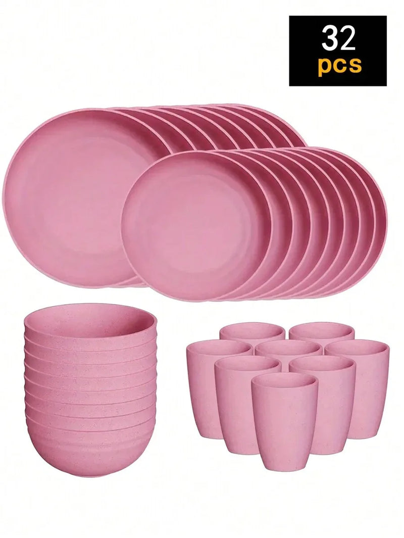 4/16/24pcs Reusable plastic tableware set, including plates, bowls and cups. Suitable for family picnics and school supplies