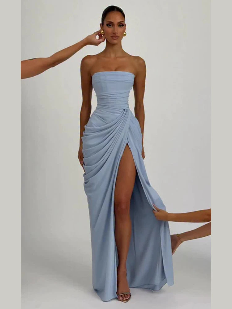Sexy Solid Pleated Strapless Dress Lady Chic Off-shoulder Backless High Waist Split Dresses Women 2026 New Evening Party Gown