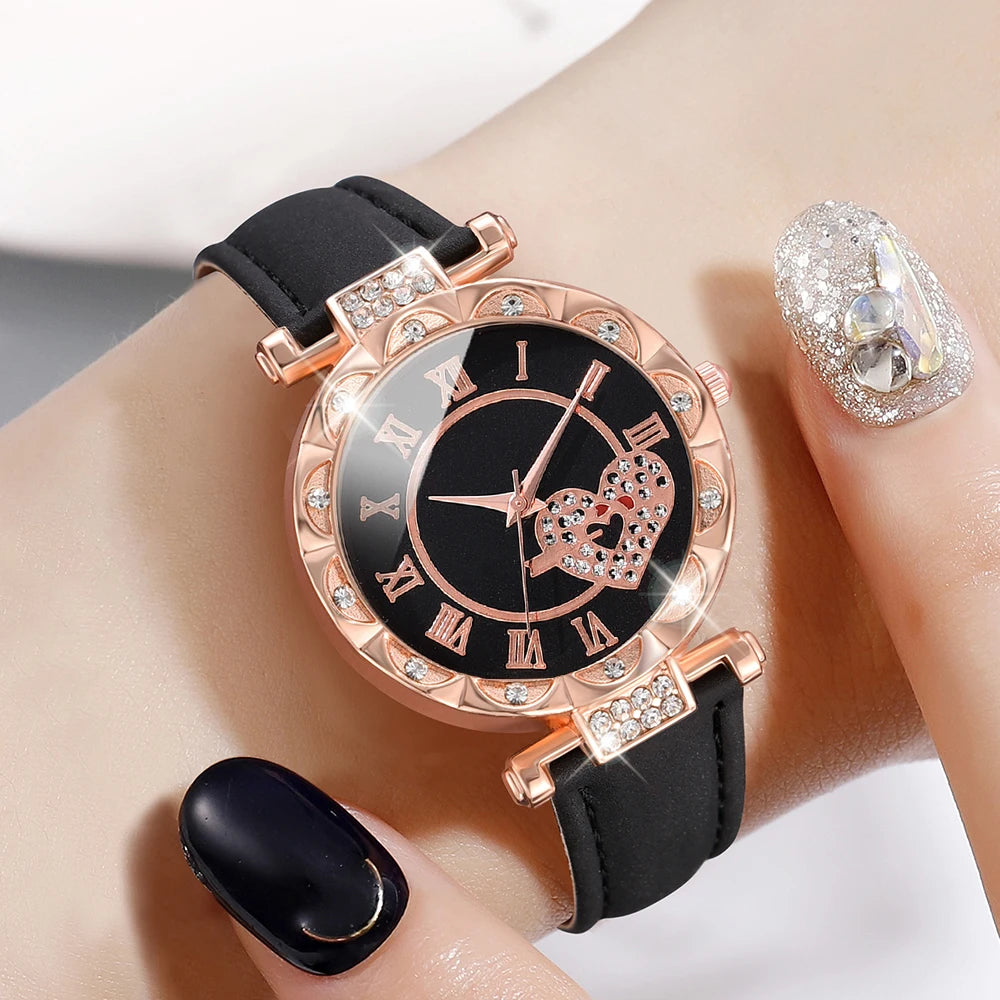 1PCS Simple Luxury Love Element Leather Black Strap Watch Casual Fashion Quartz Watch Is The Perfect Gift For Her (No Box)