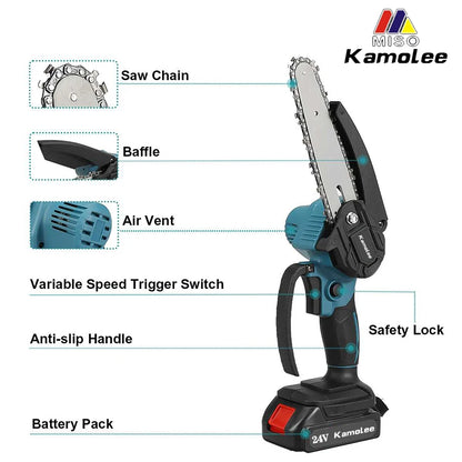 Kamolee serra elétrica sem escova, 8 espaços, mini motosserra, cortador de madeira, ferramenta elétrica de poda de jardim para makita, bateria de 18v