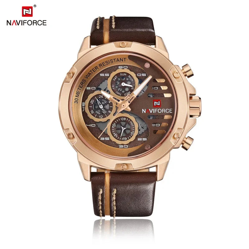 NAVIFORCE Men Watch Sport Man Wristwatch Top Brand Luxury Gold Military Date Week Genuine Leather Quartz Male Clock Gift 9110