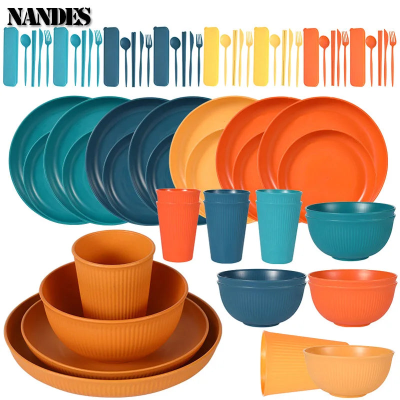 36pcs Plate Sets Wheat Straw Eco-Friendly Ramen Bowl Tableware Dinner Dishes Set Camping Tableware Set With Knife Fork Spoon