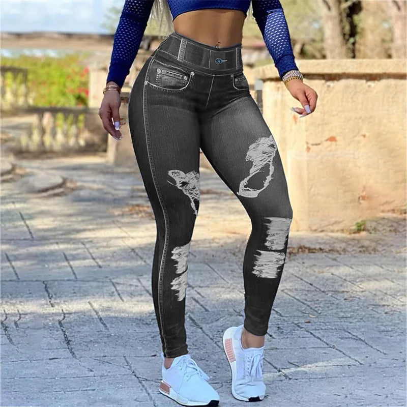 Women's 2023 New Spring High Waist High Stretch Faux Denim Leggings Fitness Sports Yoga Pants Streetwear Y2K