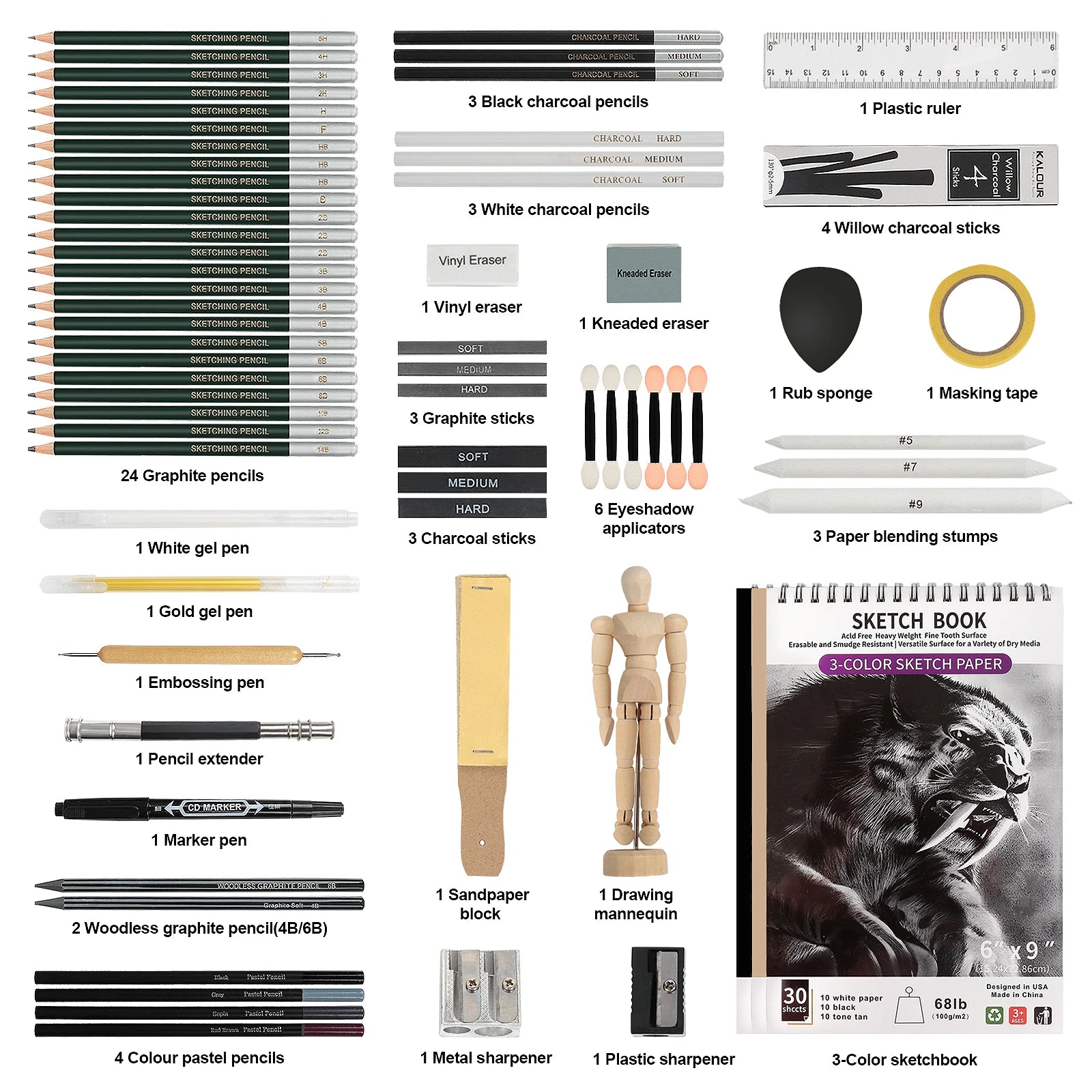20/54/58/70/144 Drawing And Sketching Kit | Portable Travel Case | Graphite, Charcoal, White Color | Featuring Blending Stump