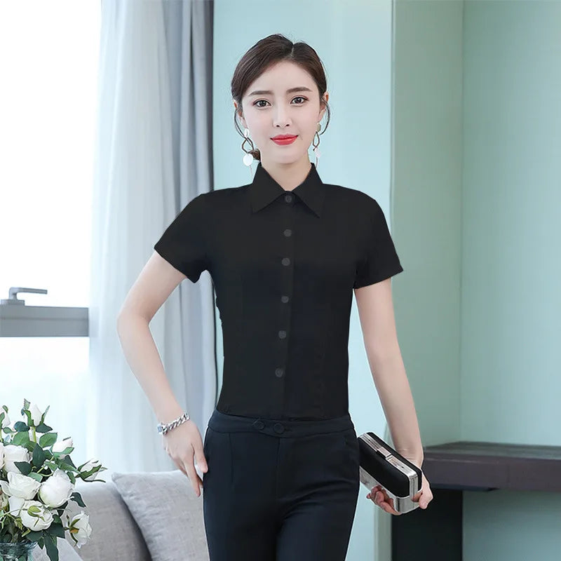 Korean Fashion White Shirt Women Autumn Short Sleeve Blouse Slim Office Lady Tops Women's Shirt S-5XL Student Shirt Women's Wear