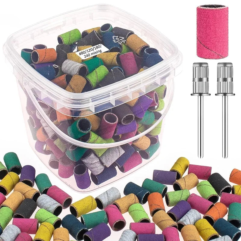 200pcs nail art Sanding Bands 80 120 180 240 Grit with 2Pcs Nail Drill Bits for Manicures and Pedicure accessories