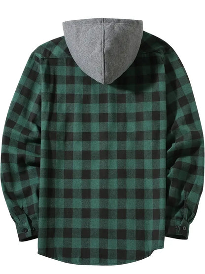 Youth Fashion Street Hooded Plaid Shirt Men's Slim Fit Long Sleeved Shirt Couple Travel Casual Shirt Men's Sports Shirt Jacket
