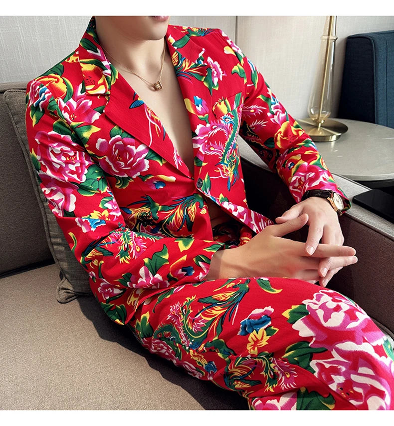 Men Suit 2 Piece Fashion Party Mens Vintage Print Big flower in northeast China Suits Jacket Pants Men Sets