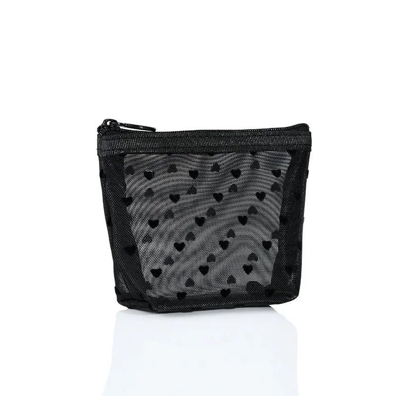 Heart-Shaped Nylon Mesh Cosmetic Bag Portable Toiletry Organizer for Women Makeup Storage