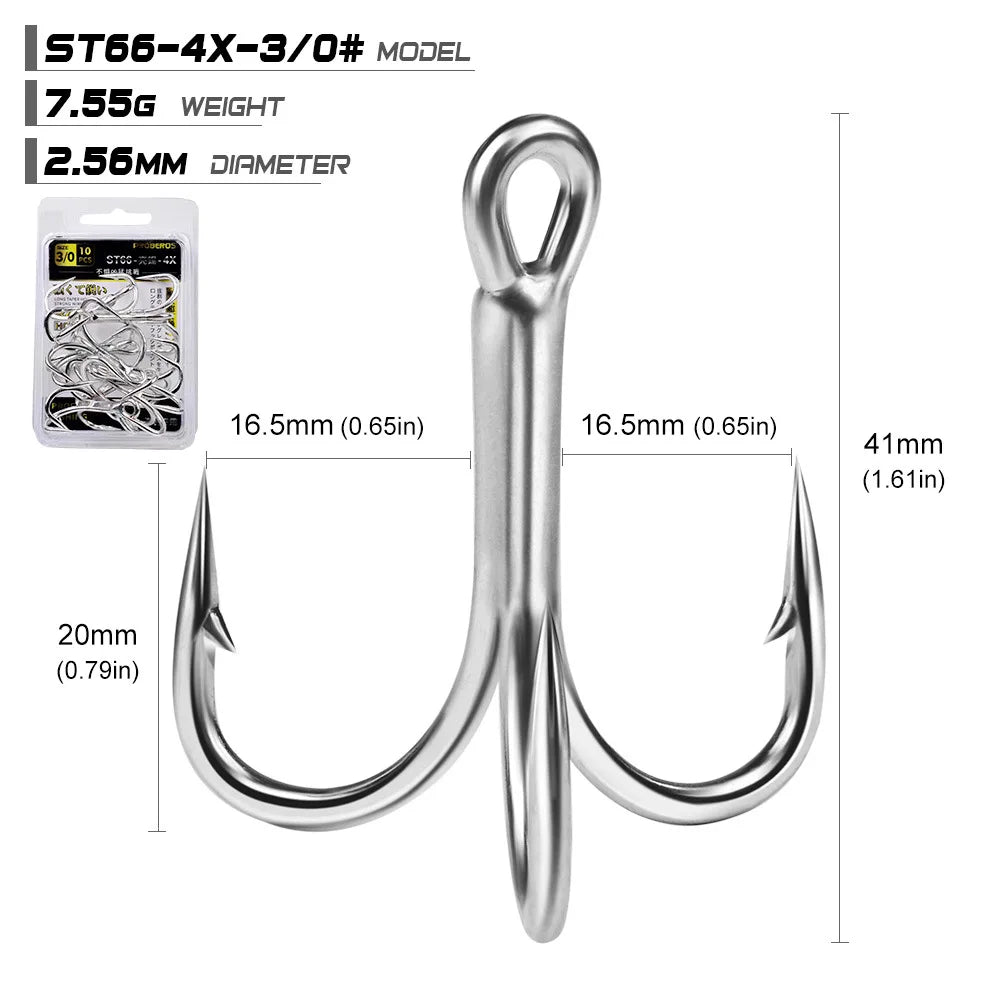 10pcs 4X 5/0# 4/0# 3/0# 1/0#-1# 2# 4# Super Strength Hooks Reinforced anchor Fishing Hook High-Carbon Steel Tin Treble Hook