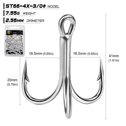 10pcs 4X 5/0# 4/0# 3/0# 1/0#-1# 2# 4# Super Strength Hooks Reinforced anchor Fishing Hook High-Carbon Steel Tin Treble Hook