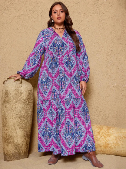 Plus size 2025 novo feminino com decote em v roxo casual impresso vestido longo casual solto poliéster manga longa pulôver