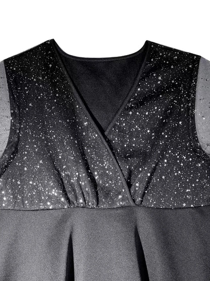 Plus size feminino elegante midi vestido de manga curta decote em v profundo glitter detalhe preto plissado saia linha a poliéster casual passeio