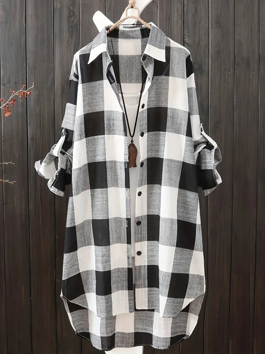 Blusa informal de talla grande 1XL-5XL para mujer, con estampado a cuadros, botones, manga larga, cuello solapa, camisa larga