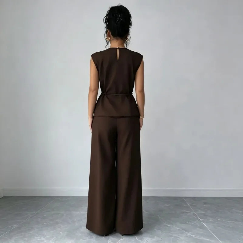 Women's Summer Tie-waist Wide-leg Pants Set Sleeveless Wrap Blazer Top Loose Straight-leg Pants Two-piece Set Comfortable Outfit