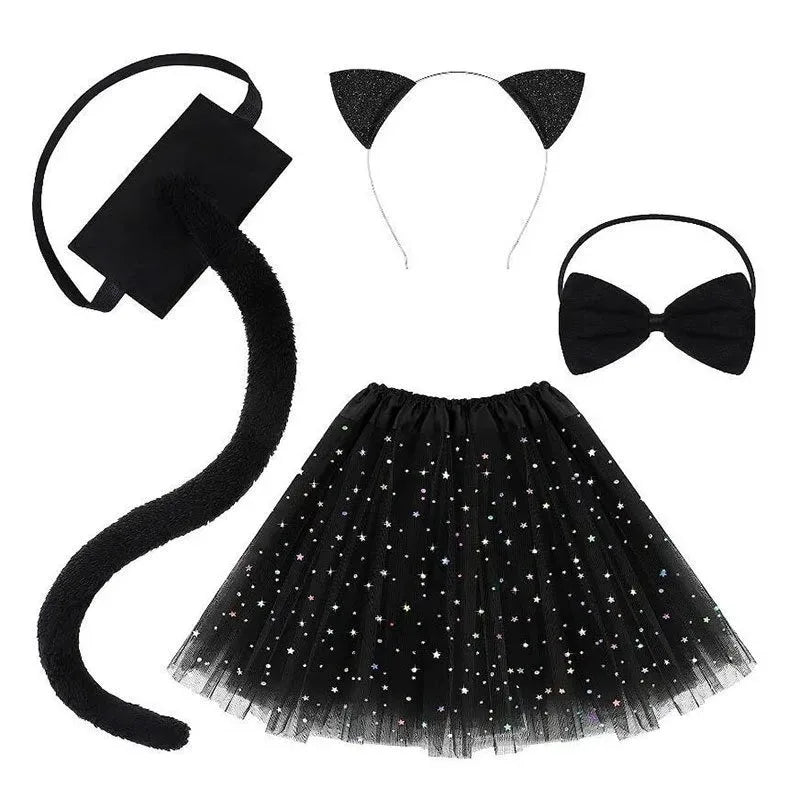 Animal Cat Tiger Cosplay Costume for Boys Girls Headband Clothes Shoes Tail Tutu Skirt Gloves Set for Kids School Performance