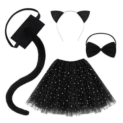 Animal Cat Tiger Cosplay Costume for Boys Girls Headband Clothes Shoes Tail Tutu Skirt Gloves Set for Kids School Performance