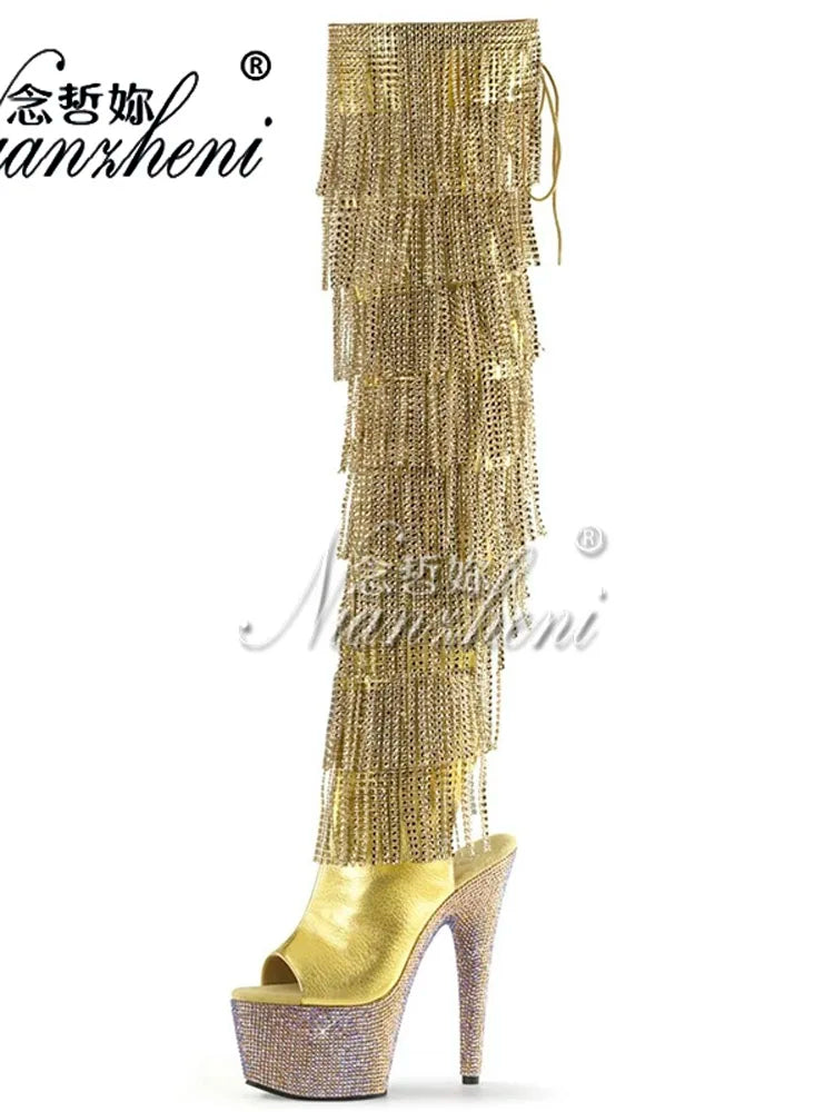 Tacones góticos exóticos, botas de plataforma de 17cm con flecos para fiesta, zapatos fetiche sexis para mujer, modelos góticos de baile en barra, diamantes de imitación para club nocturno