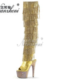 Tacones góticos exóticos, botas de plataforma de 17cm con flecos para fiesta, zapatos fetiche sexis para mujer, modelos góticos de baile en barra, diamantes de imitación para club nocturno