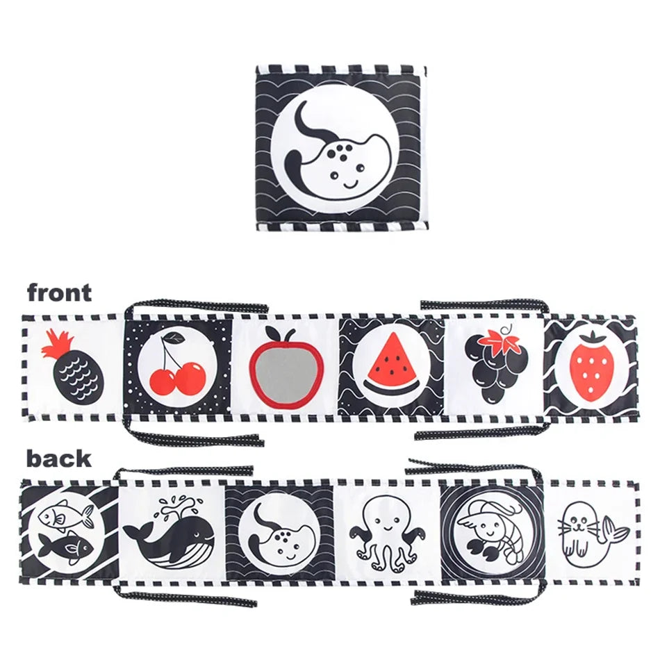 Livro de Pano de Alto Contraste para Bebês (0M+) – Brinquedos Sensoriais em Preto e Branco com Temática de Animais para Berço e Método Montessori