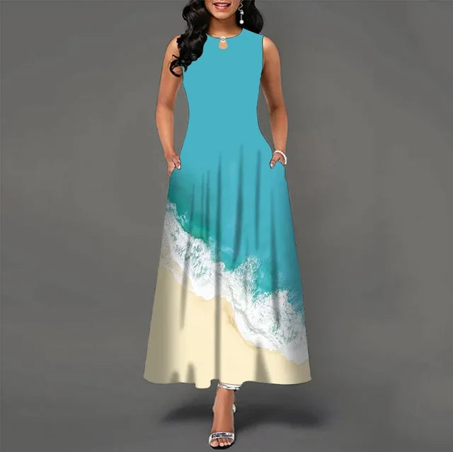 Women's V-neck Sleeveless Long Dress Retro Bohemian Dresses Floral Print Swing Casual New 