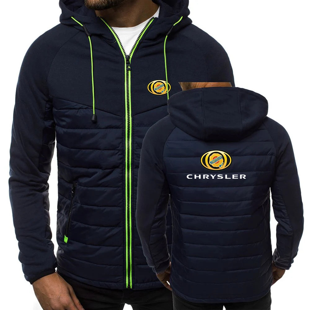 CHRYSLER 2022 Men's New Winter Hooded Cotton Jacket Casual Slim Fit Patchwork Zipper Coat Long Sleeves Warm Oversized Coat Tops