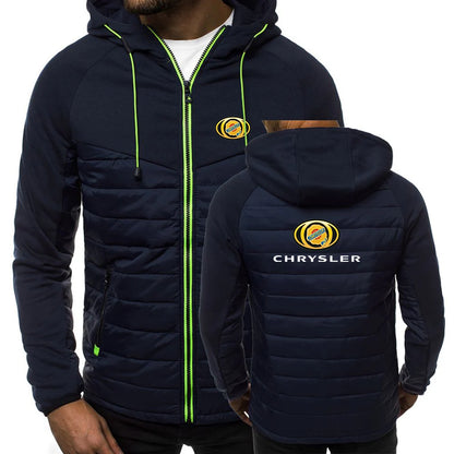 CHRYSLER 2022 Men's New Winter Hooded Cotton Jacket Casual Slim Fit Patchwork Zipper Coat Long Sleeves Warm Oversized Coat Tops