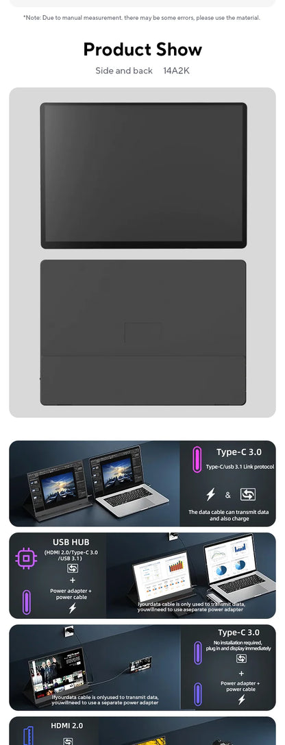 ZSUS 2160*1440  14-inch 2K Portable Monitor 60HZ For Laptop XBox PS4 / 5 Switch TV Box Cell Phone PC Extension  Mobile