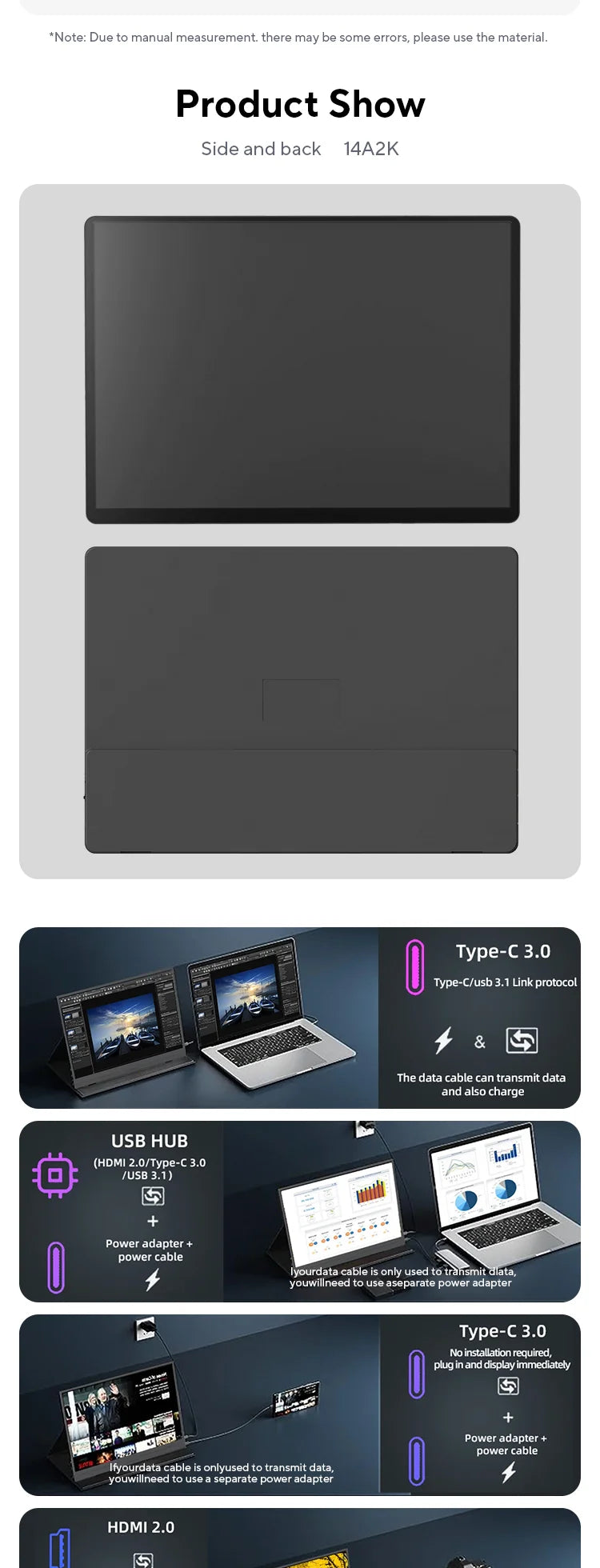 ZSUS 2160*1440  14-inch 2K Portable Monitor 60HZ For Laptop XBox PS4 / 5 Switch TV Box Cell Phone PC Extension  Mobile