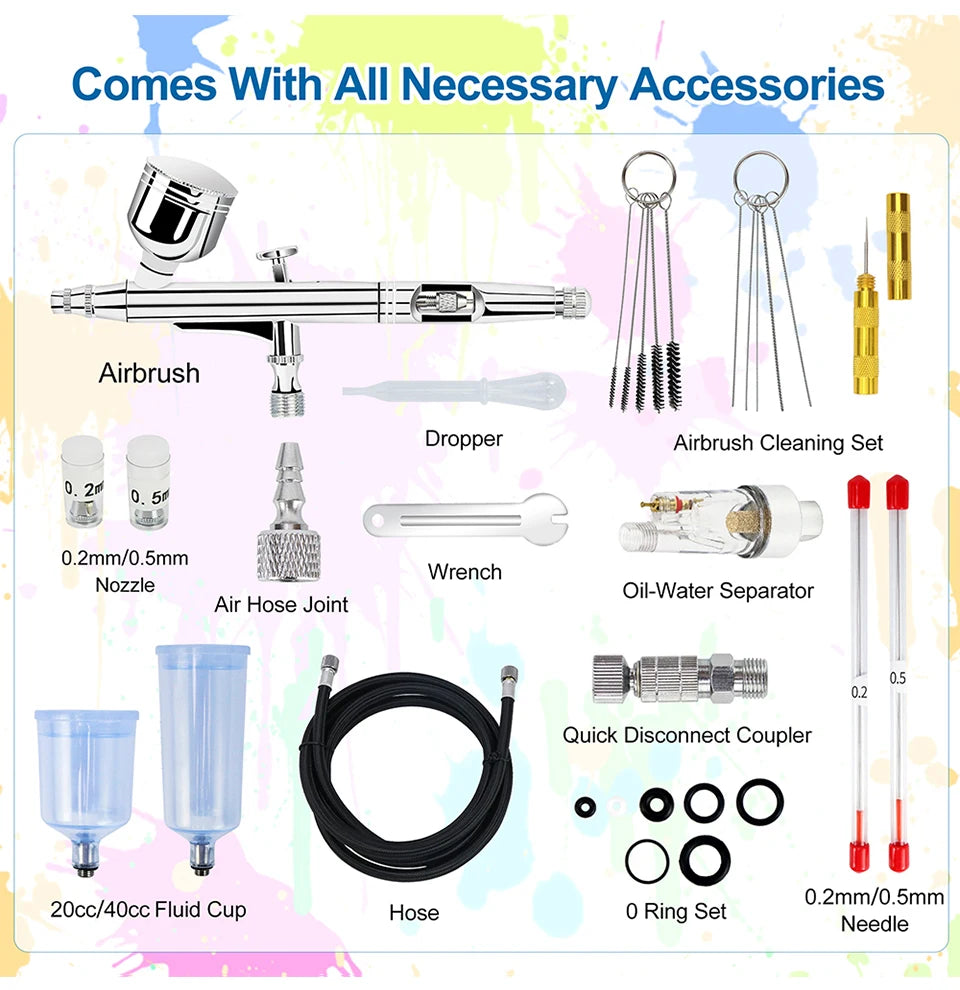 Dual-Action Gravity Airbrush Kit, 0.2/0.3/0.5mm Needles 7/20/40cc Cups Cleaning Tools for Makeup Nail Art Painting Car Detailing