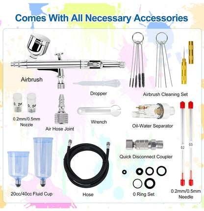 Dual-Action Gravity Airbrush Kit, 0.2/0.3/0.5mm Needles 7/20/40cc Cups Cleaning Tools for Makeup Nail Art Painting Car Detailing