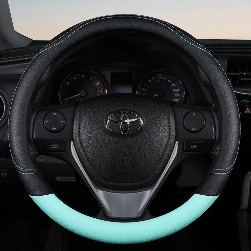PU Leather Contrast Colour Car Steering Wheel Cover  Sweat Absorbent, Wear Resistant and Non-slip, Universal in All Seasons