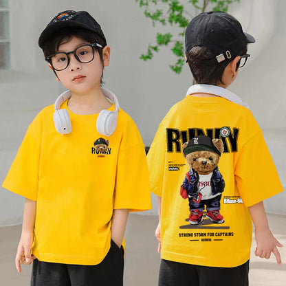 2025 Children's Clothing American Vintage Bear Print Graphic T Shirts Boys Summer Cotton Short-sleeved T-shirt Tops Streetwear
