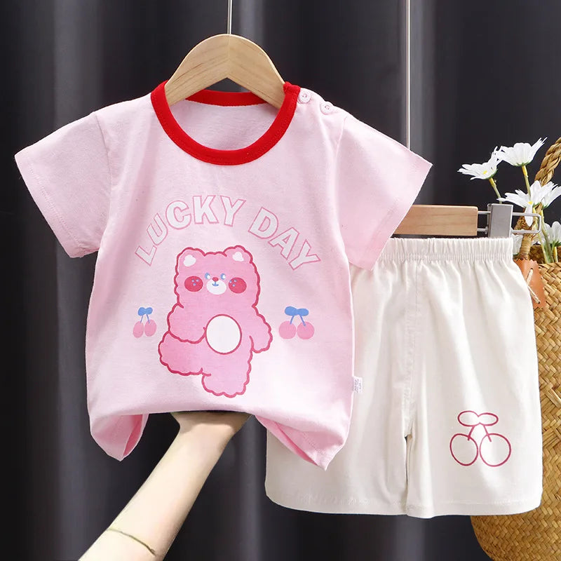 New Boys Summer Clothing Set Full Bear Print Cotton Short Sleeve T-shirts and Shorts 2PCS Breathable Outfit For Girls