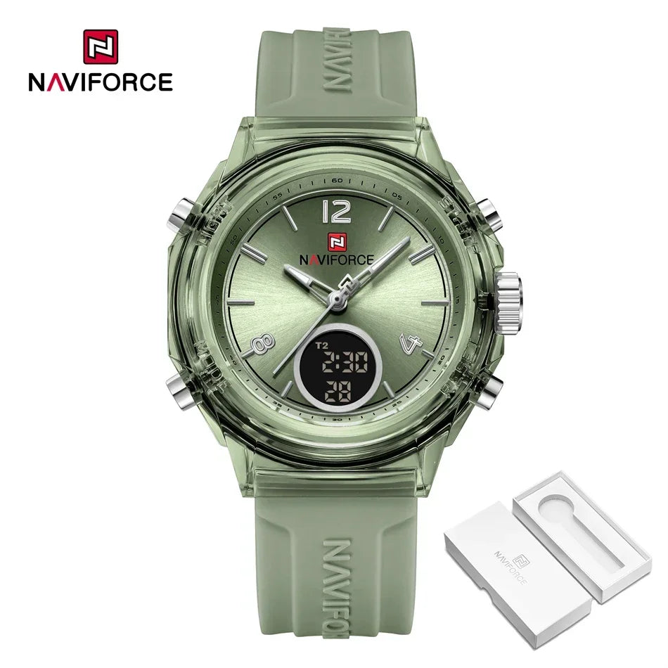 Relojes NAVIFORCE para mujer, nuevo diseño, esfera pequeña, deportivos, para mujer, resistente al agua hasta 5 ATM, reloj de pulsera de cuarzo con pantalla LCD digital, reloj para mujer