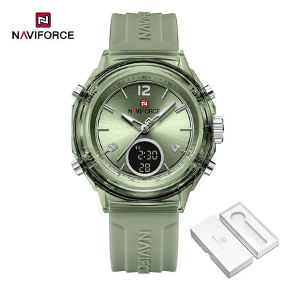 Relojes NAVIFORCE para mujer, nuevo diseño, esfera pequeña, deportivos, para mujer, resistente al agua hasta 5 ATM, reloj de pulsera de cuarzo con pantalla LCD digital, reloj para mujer