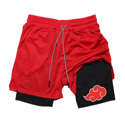2 in 1 Performance Shorts Athletic Compression Shorts with Towel Loop Pockets Gym Workout Fitness Running Anime Print RL00107