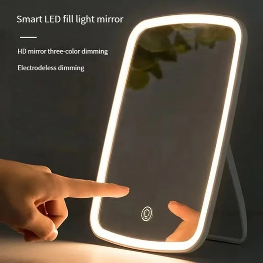 Espejo de maquillaje LED con soporte de escritorio, plegable, compacto, cuadrado, para viajes, cosmético, portátil, iluminado, con pantalla táctil, para mesa.