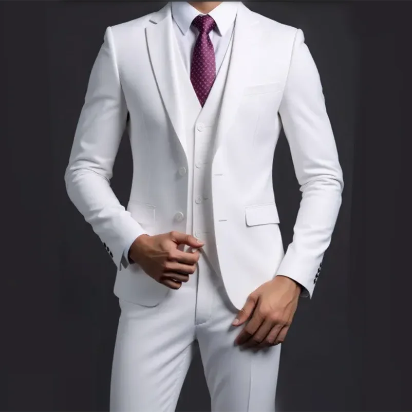 Men's Fashionable Gentleman Business British Style Solid Color Banquet Host Casual Wedding Suit (Blazer + Vest + Trousers)