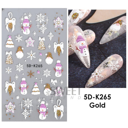 5D Red Christmas Nail Stickers Glitter Embossed Snowflake Gloves Feather Bulb Bells Winter Xmas DIY Engraved Manicure Decoration