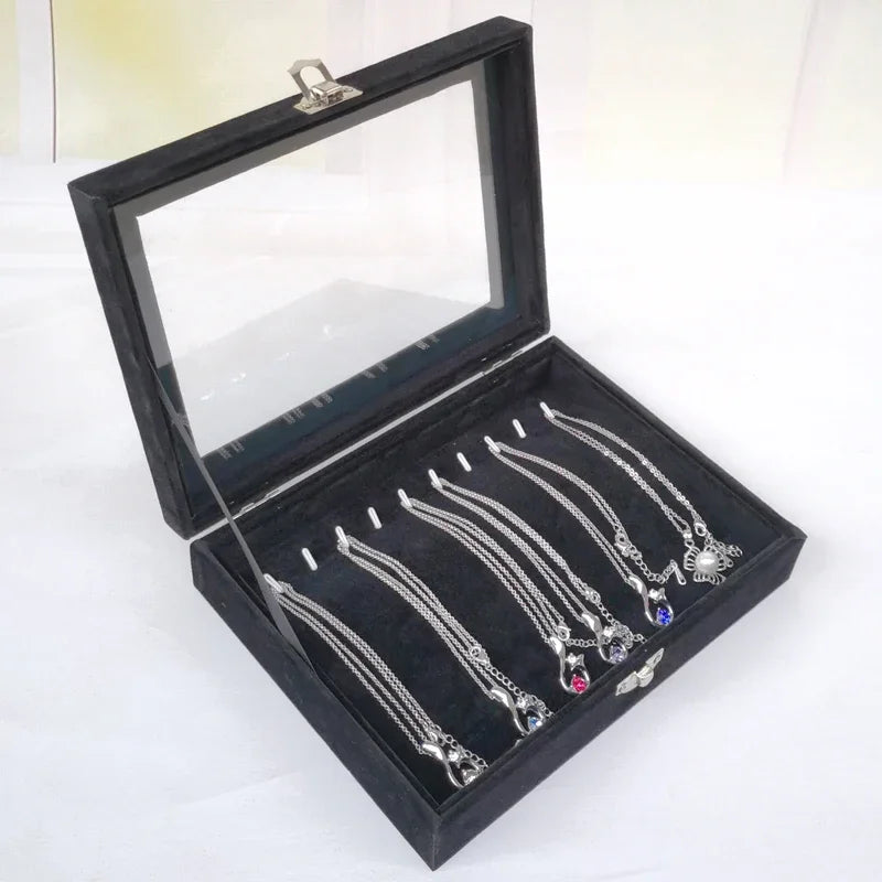 Caja de joyería negra, caja para pulseras, caja para collares, caja pequeña arqueada, caja de exhibición, caja de almacenamiento de joyas con cubierta de franela
