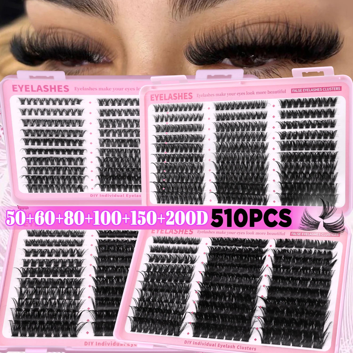 GROINNEYA – Kits de Cílios em Tufo (510 unidades), Curvatura D, 6 Estilos, Tamanhos 8-16mm – Cílios Individuais com Efeito Leve e Natural, Cílios Postiços Macios e Extensões de Cílios