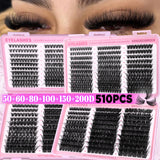 GROINNEYA – Kits de Cílios em Tufo (510 unidades), Curvatura D, 6 Estilos, Tamanhos 8-16mm – Cílios Individuais com Efeito Leve e Natural, Cílios Postiços Macios e Extensões de Cílios