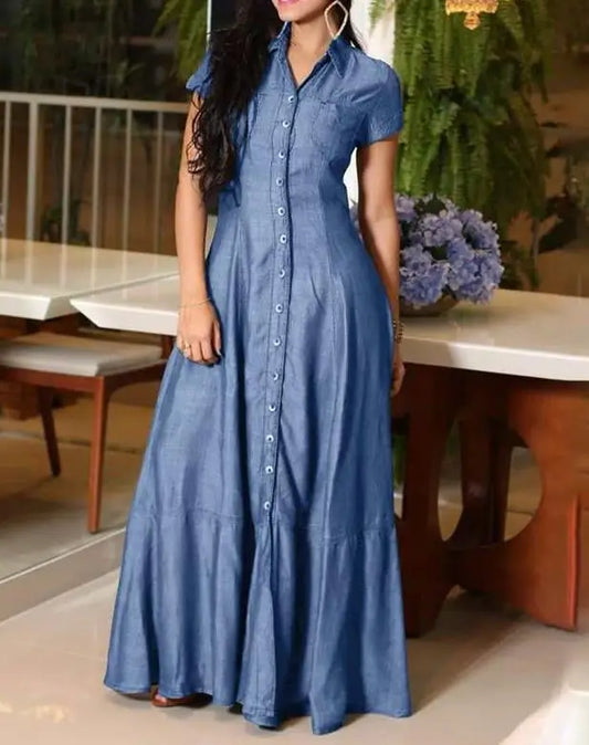 Vestido maxi jeans de um só peito feminino, vestido monocromático, manga curta, lapela, balanço diário, moda verão, 2023