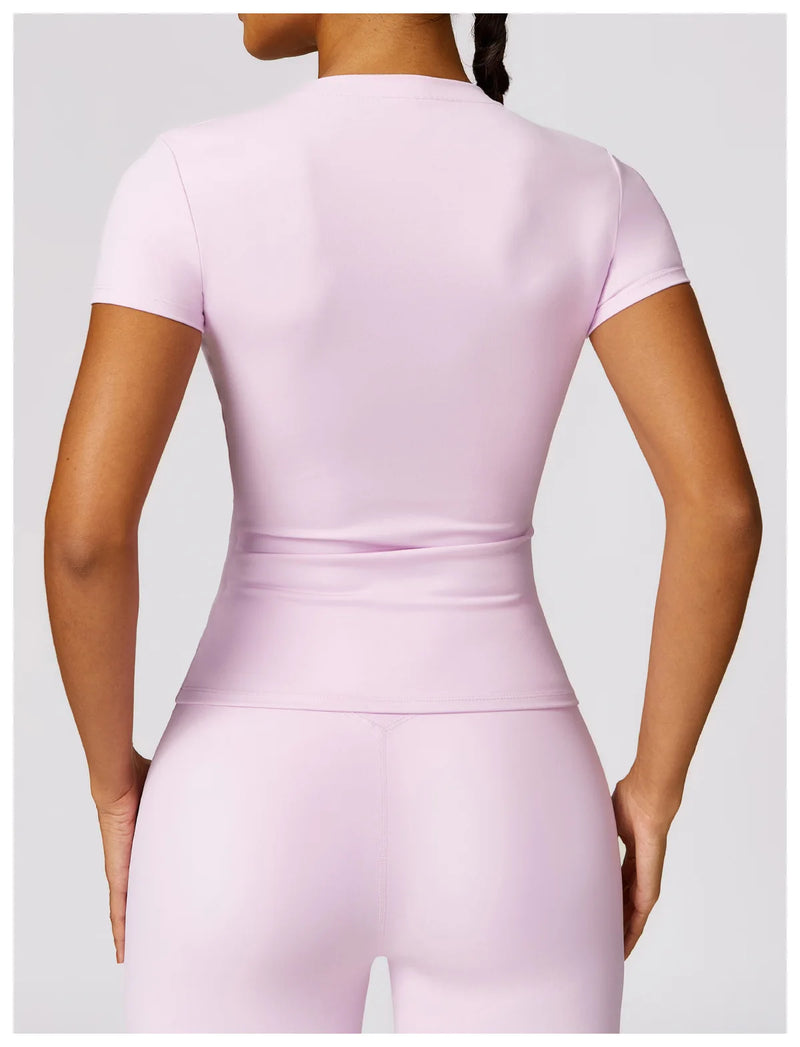 NCLAGEN - Camiseta deportiva para mujer, para correr, de verano, de manga corta, cuello redondo, transpirable, elástica, para gimnasio, yoga, fitness, ajustada, activa