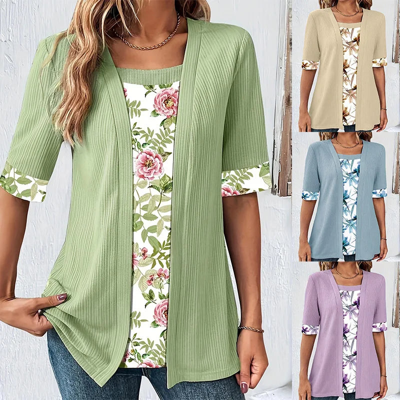 2024 plus size t camisas moda feminina elegante retalhos falso camisas de duas peças verão casual impressão meia manga senhoras soltas topos