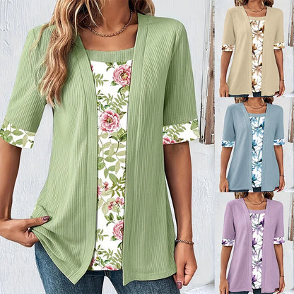 2024 plus size t camisas moda feminina elegante retalhos falso camisas de duas peças verão casual impressão meia manga senhoras soltas topos