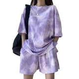 Camiseta e shorts de tintura de gravata de 2 peças para mulheres, manga curta solta, perna larga, roupa esportiva para estudantes, terno da moda coreana