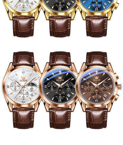OLEVS 3609 Original Moon Phase Chronograph Man Watch Leather Strap Waterproof Luminous Luxury Brand Quartz Wrist Watches for Men